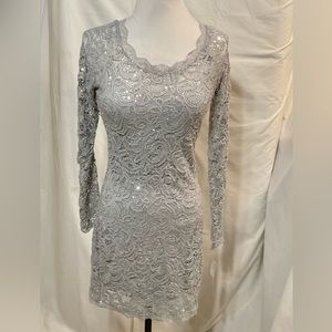 Sequin Hearts Gray Long Sleeve Lace Mini Dress